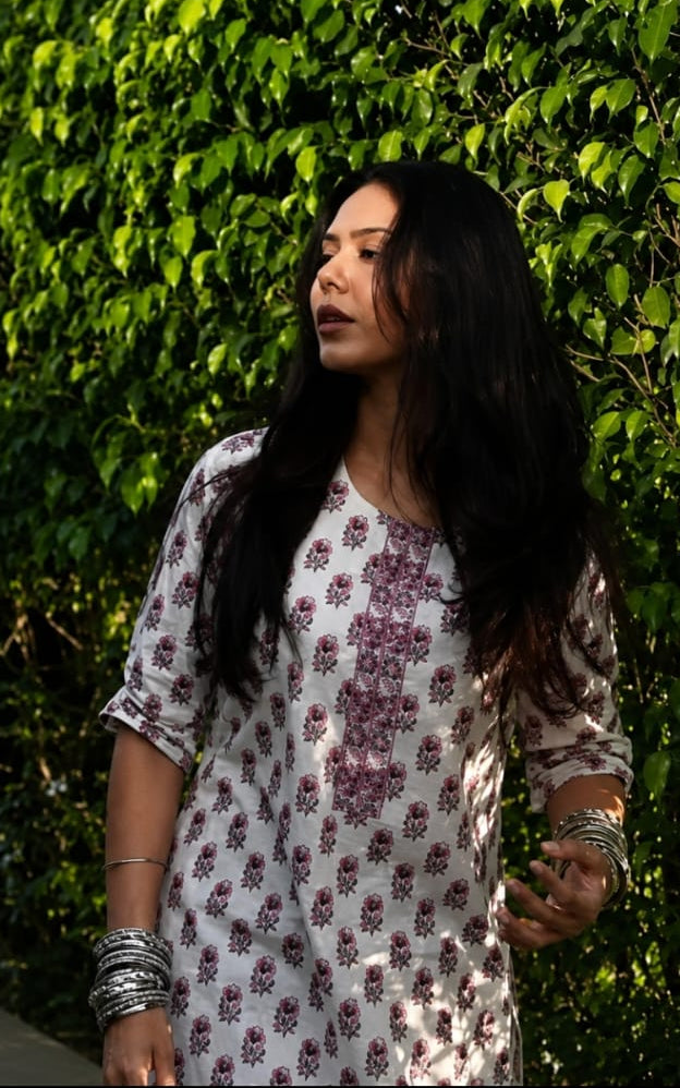Round neck rayon kurti, calf length, sleeves length is three quater