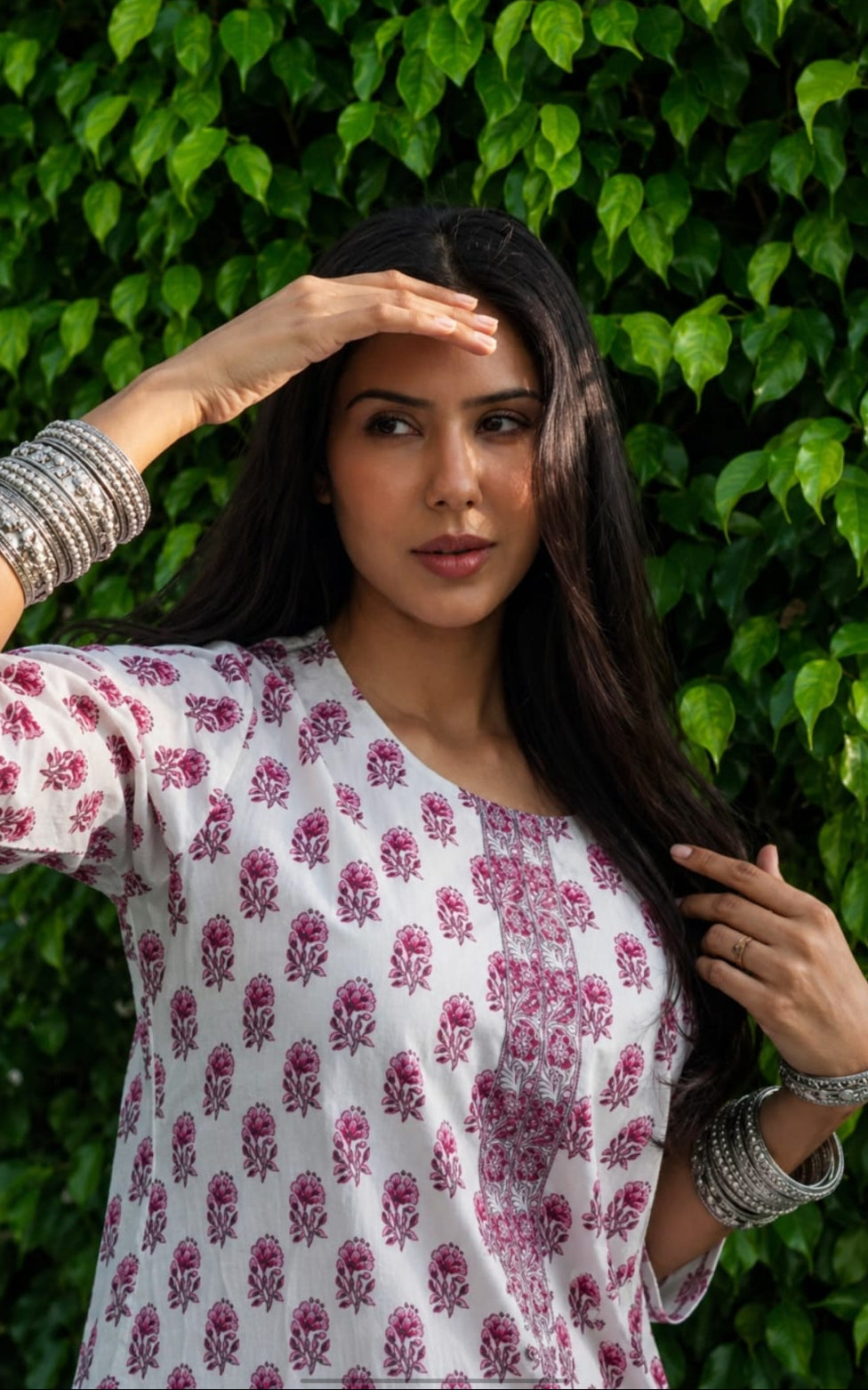 Round neck rayon kurti, calf length, sleeves length is three quater