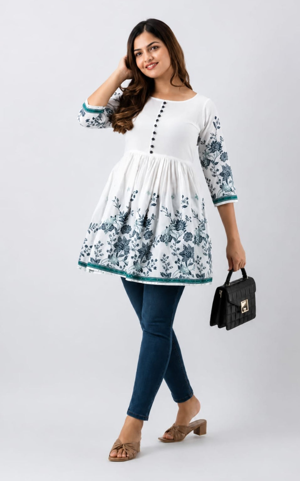 Round neck viscous rayon kurti, regular length, sleeves length is three quater