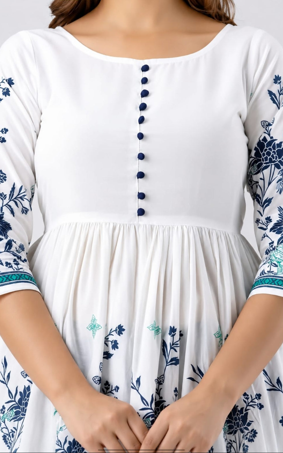 Round neck viscous rayon kurti, regular length, sleeves length is three quater