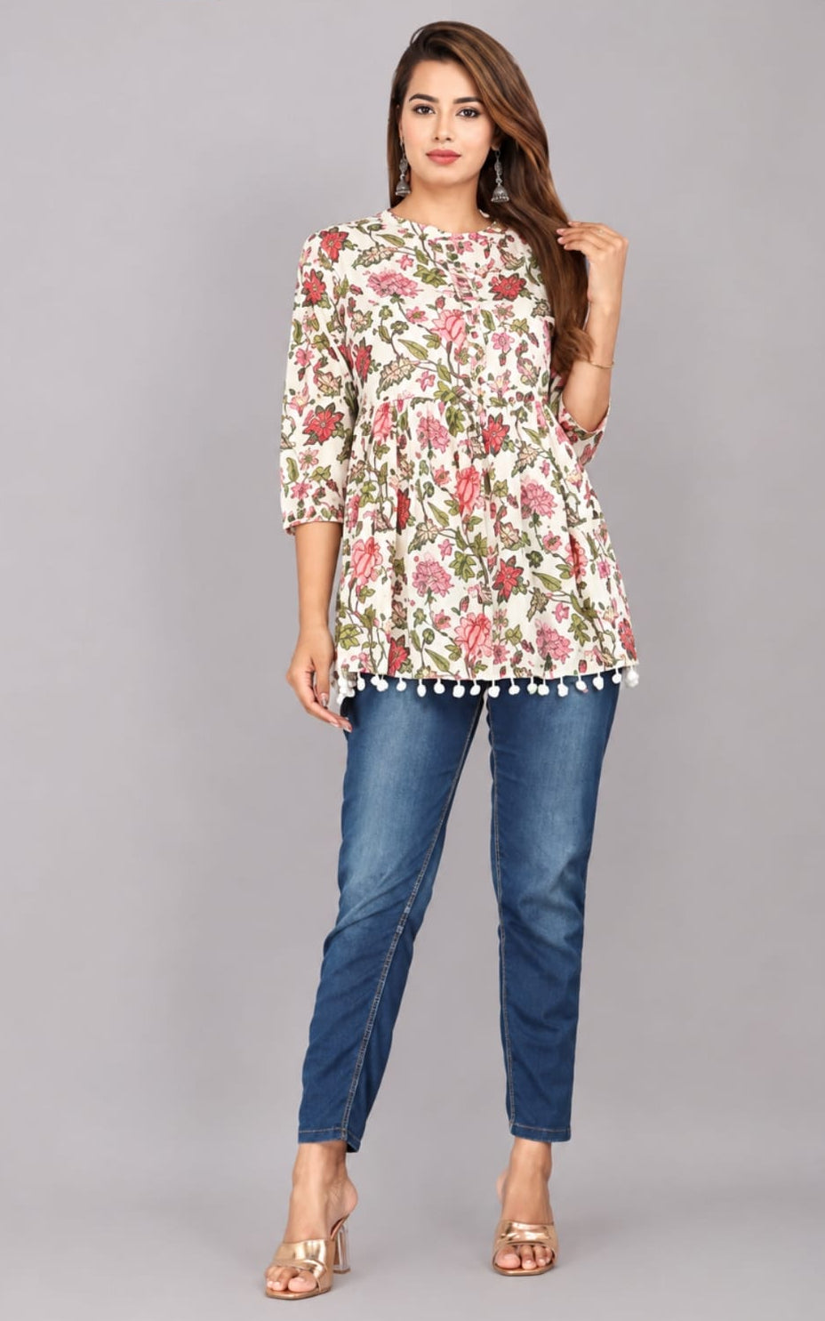 Mandarian collar rayon kurti, regular length, sleeves length is three quater