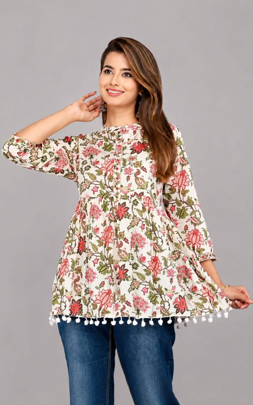 Mandarian collar rayon kurti, regular length, sleeves length is three quater