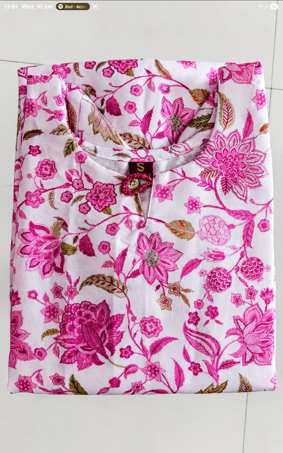 Notch neck cotton blend kurti, calf length, short sleeves
