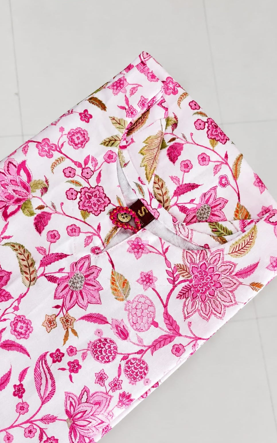Notch neck cotton blend kurti, calf length, short sleeves