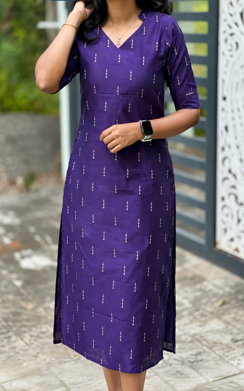 Round neck viscous rayon kurti, calf length, sleeves length is three quater