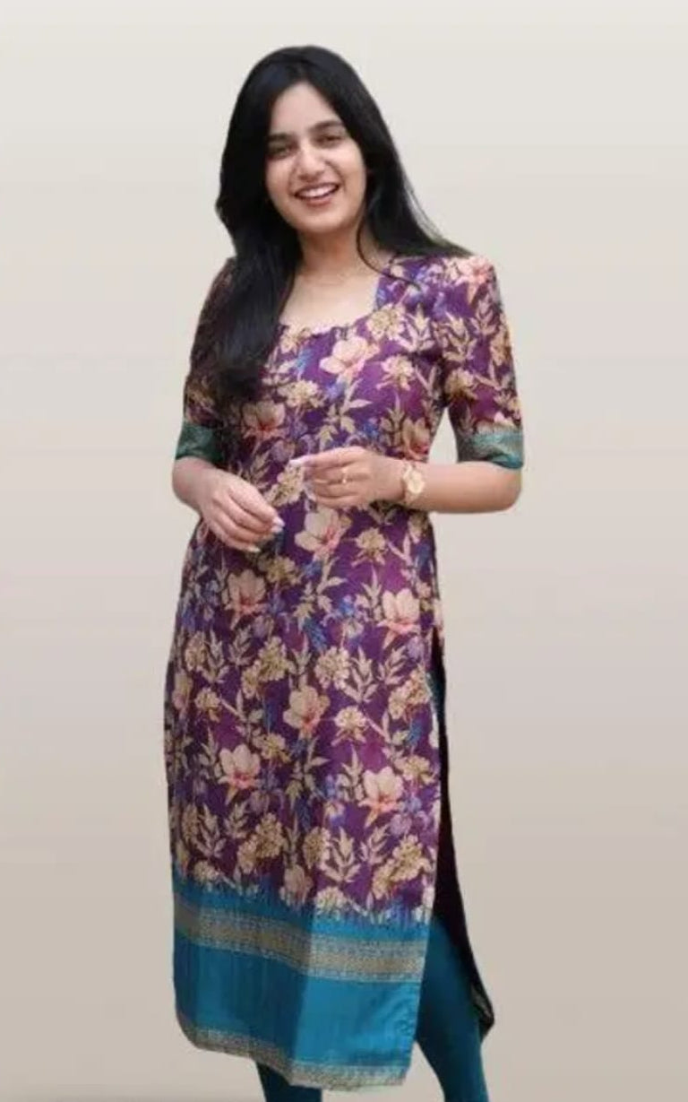 Round neck cotton kurti, ankle length, short sleeves