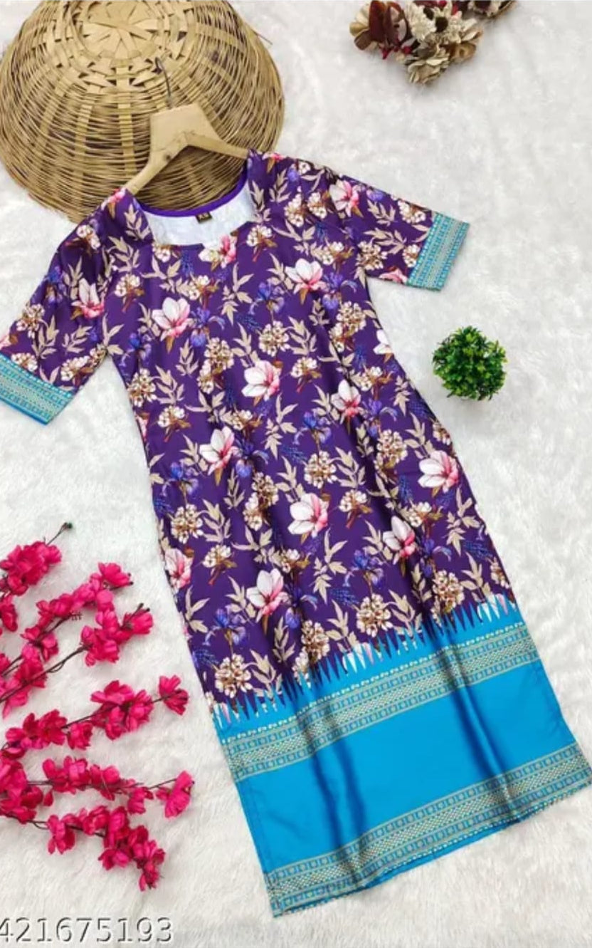 Round neck cotton kurti, ankle length, short sleeves