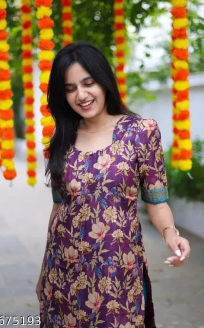 Round neck cotton kurti, ankle length, short sleeves