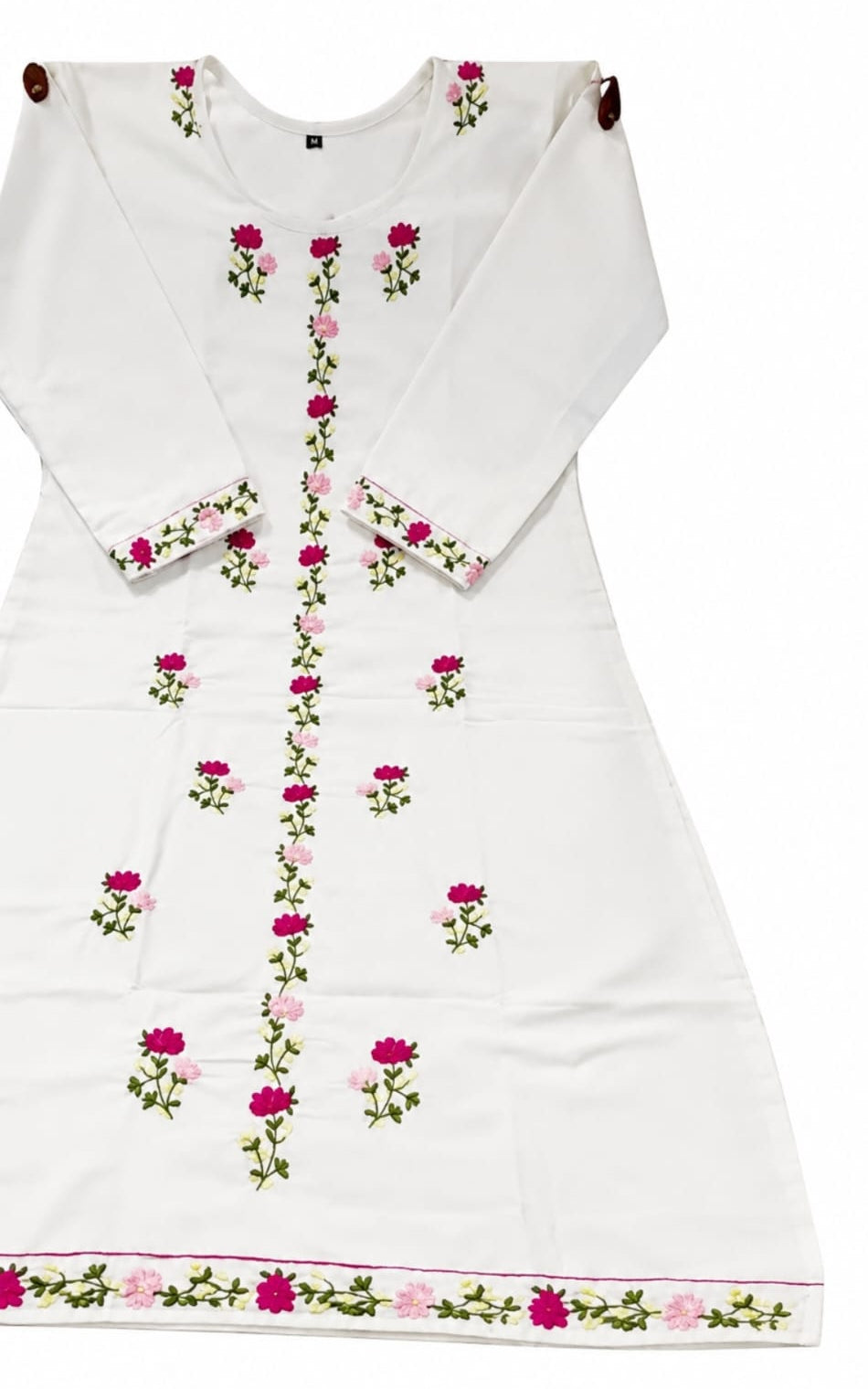 Cotton kurti in round neck, calf length, sleeves length is three quater