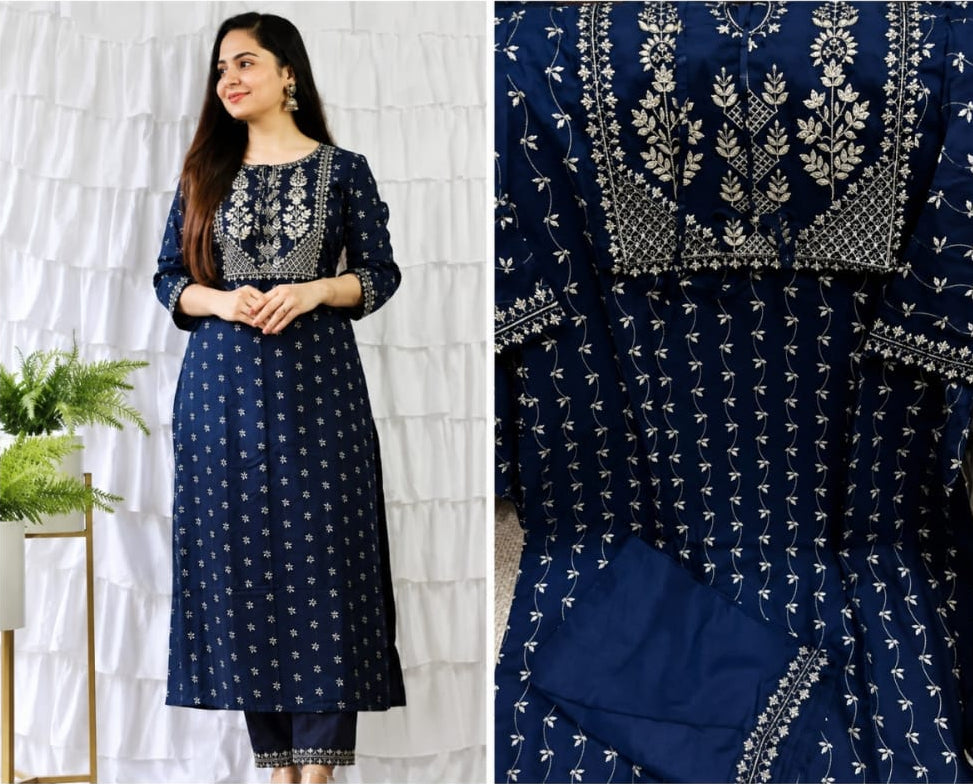 Rayon kurta with bottomwear, round neck, calf length, three quater sleeves