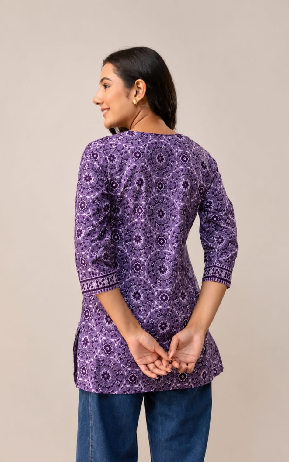 Notch neck rayon kurti, above knee, sleeves length is three quater