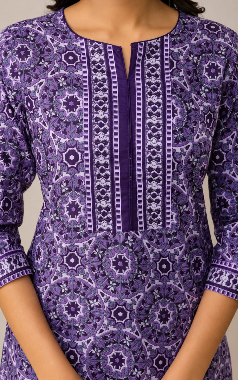 Notch neck rayon kurti, above knee, sleeves length is three quater