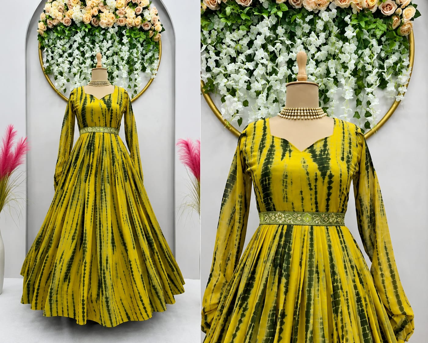 Sweetheart neck, maxi length, georgette fabric ladies gown