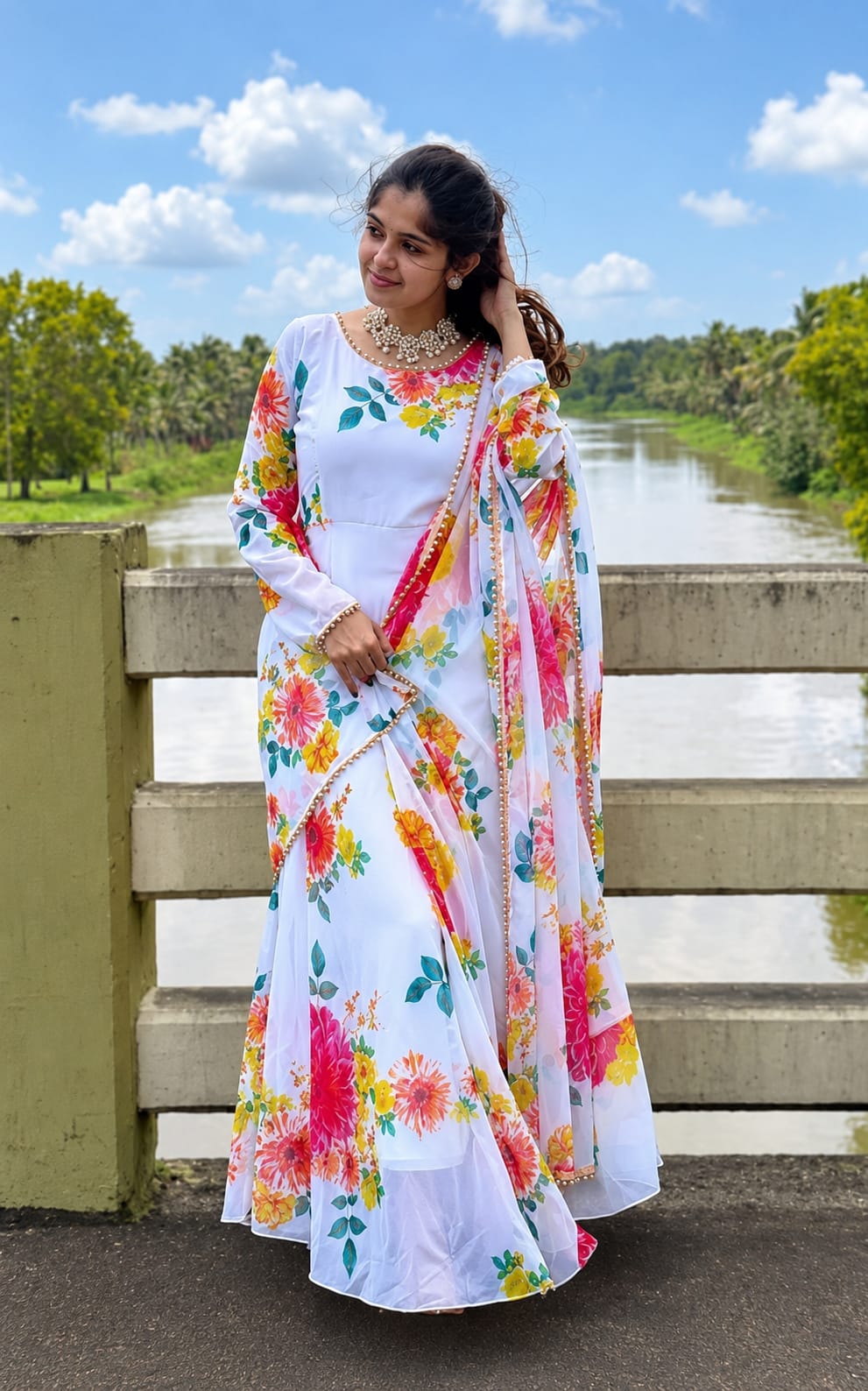 Round neck maxi length ladies Gown with duppata