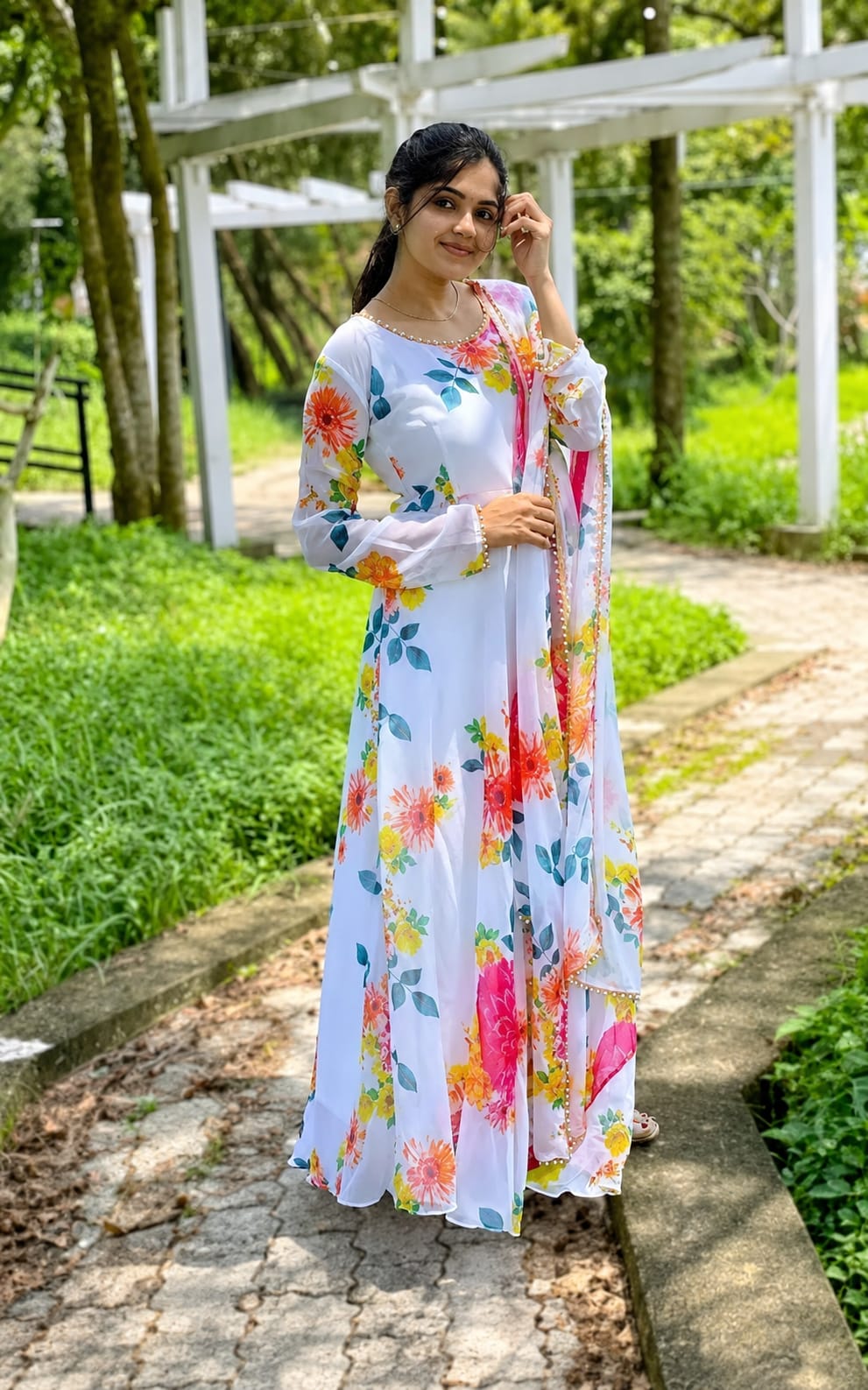Round neck maxi length ladies Gown with duppata