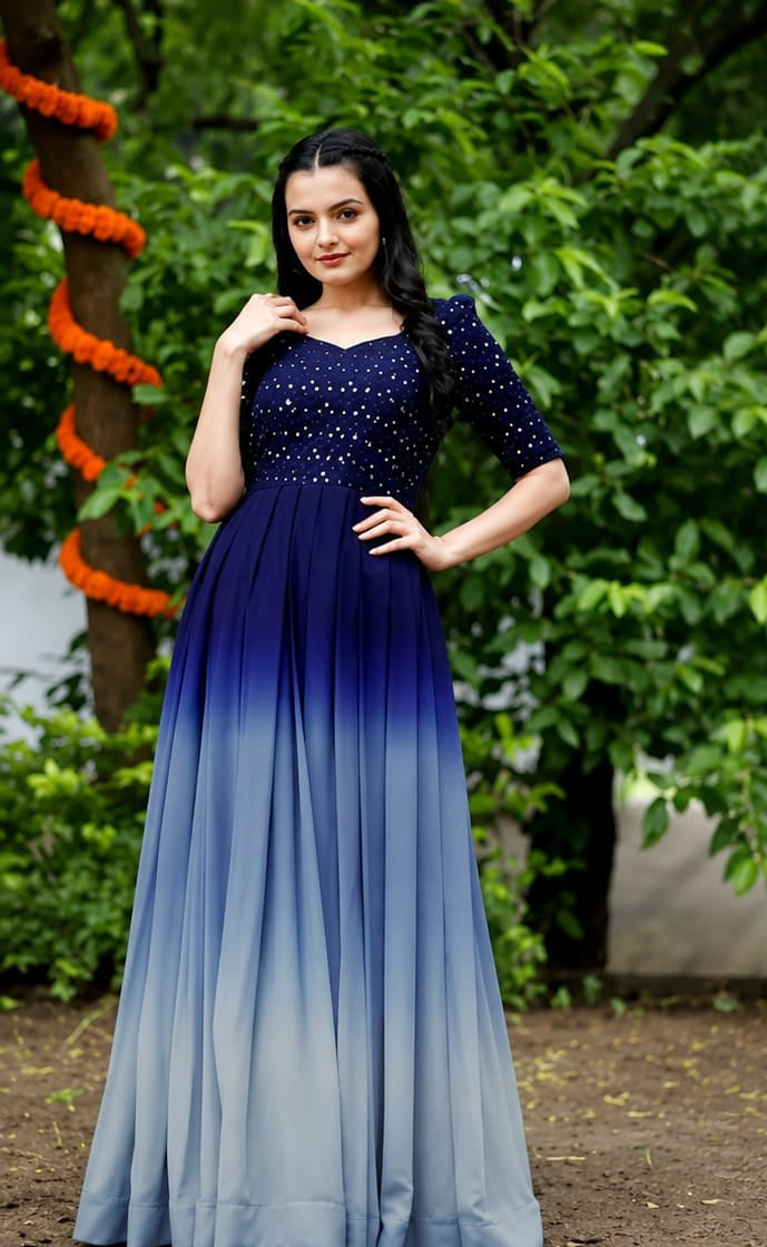 Ankle length, georgette fabric, stylised neck, three quater sleeves