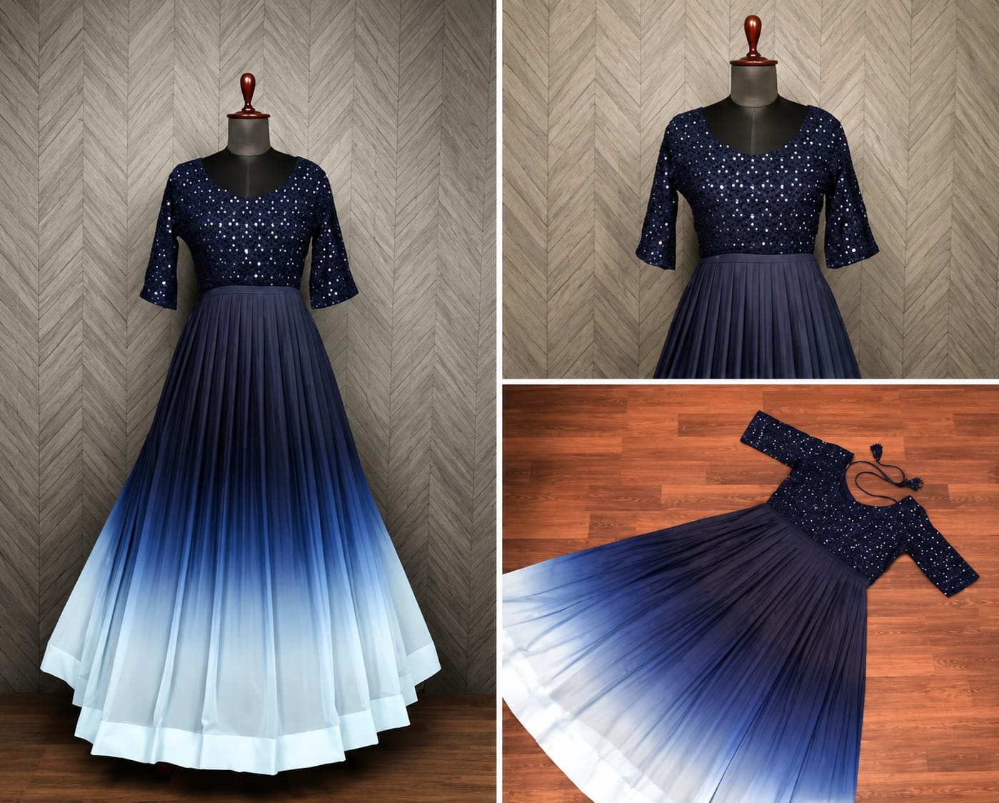 Ankle length, georgette fabric, stylised neck, three quater sleeves