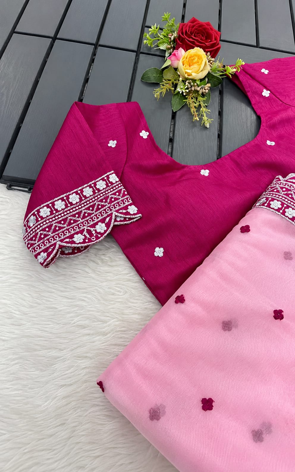 Pink nylon womens saree with Seprated Blouse Piece