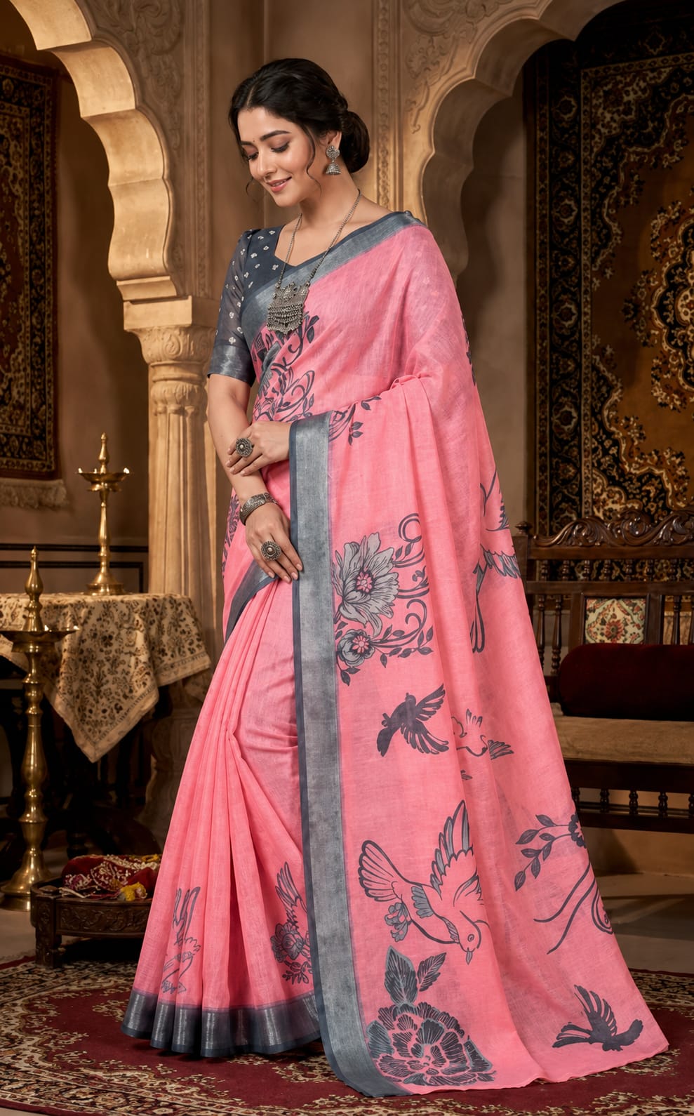 Pink cotton linen womens saree with Running Blouse