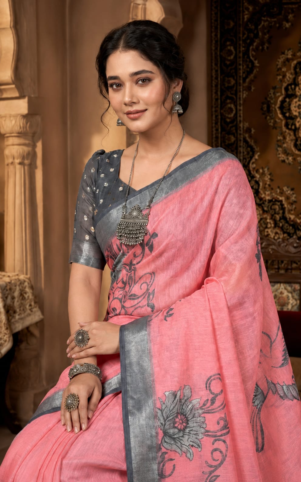 Pink cotton linen womens saree with Running Blouse
