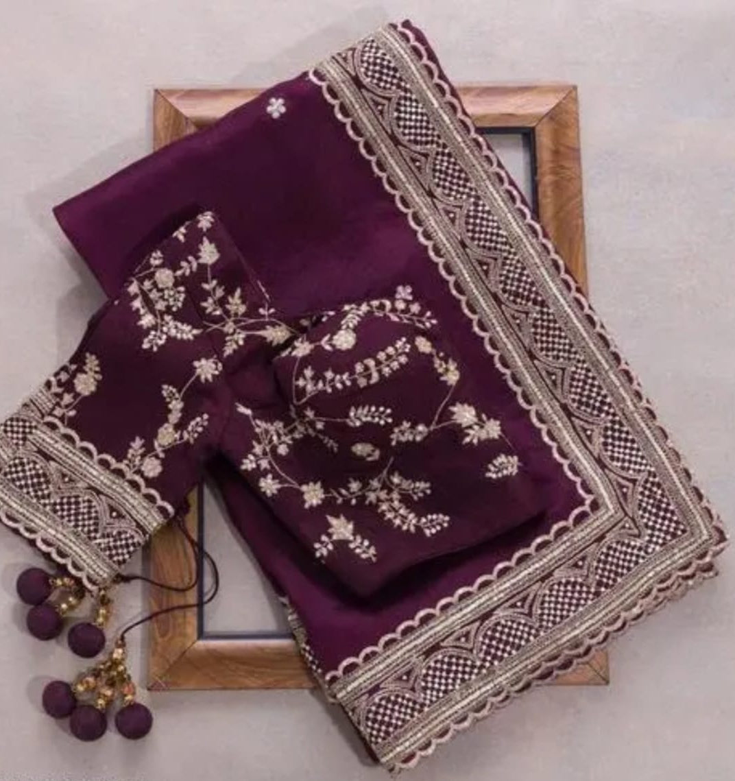 Maroon colour georgette saree with Seprated Blouse Piece in bangalori silk fabric