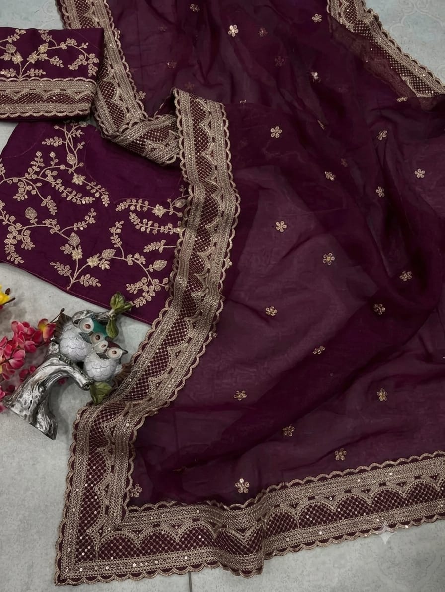 Maroon colour georgette saree with Seprated Blouse Piece in bangalori silk fabric