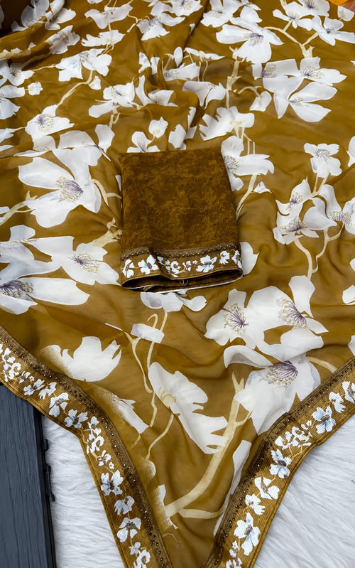 Brown colour ladies georgette saree with Running Blouse in georgette fabric
