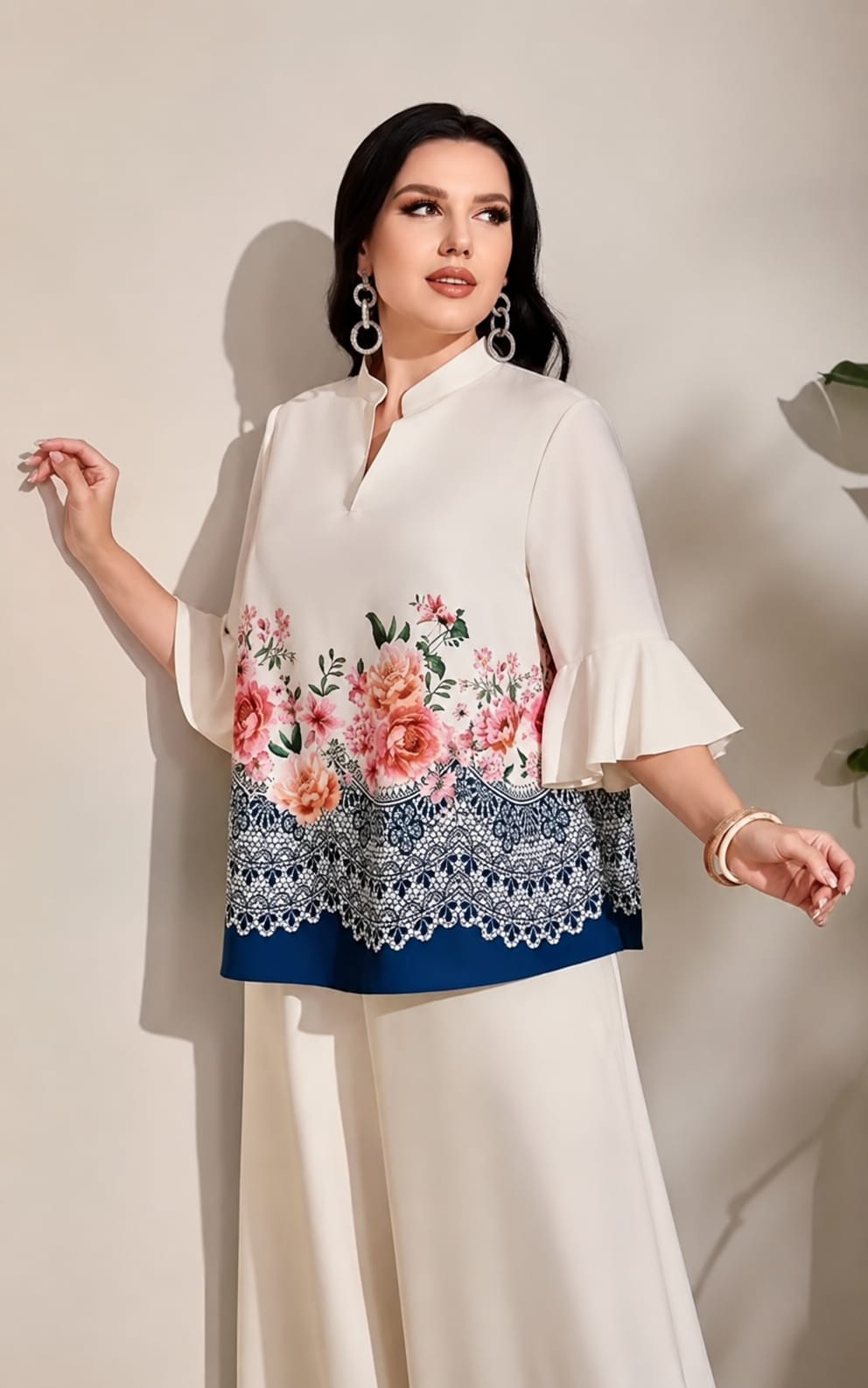 Co-Ord Set, Kurta and Palazzo, Mandarin Collar Neck, Three Quater Sleeves