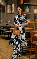 Top and Palazzo Set in crepe fabric, Calf Length, Round Neck, Three Quater Sleeves