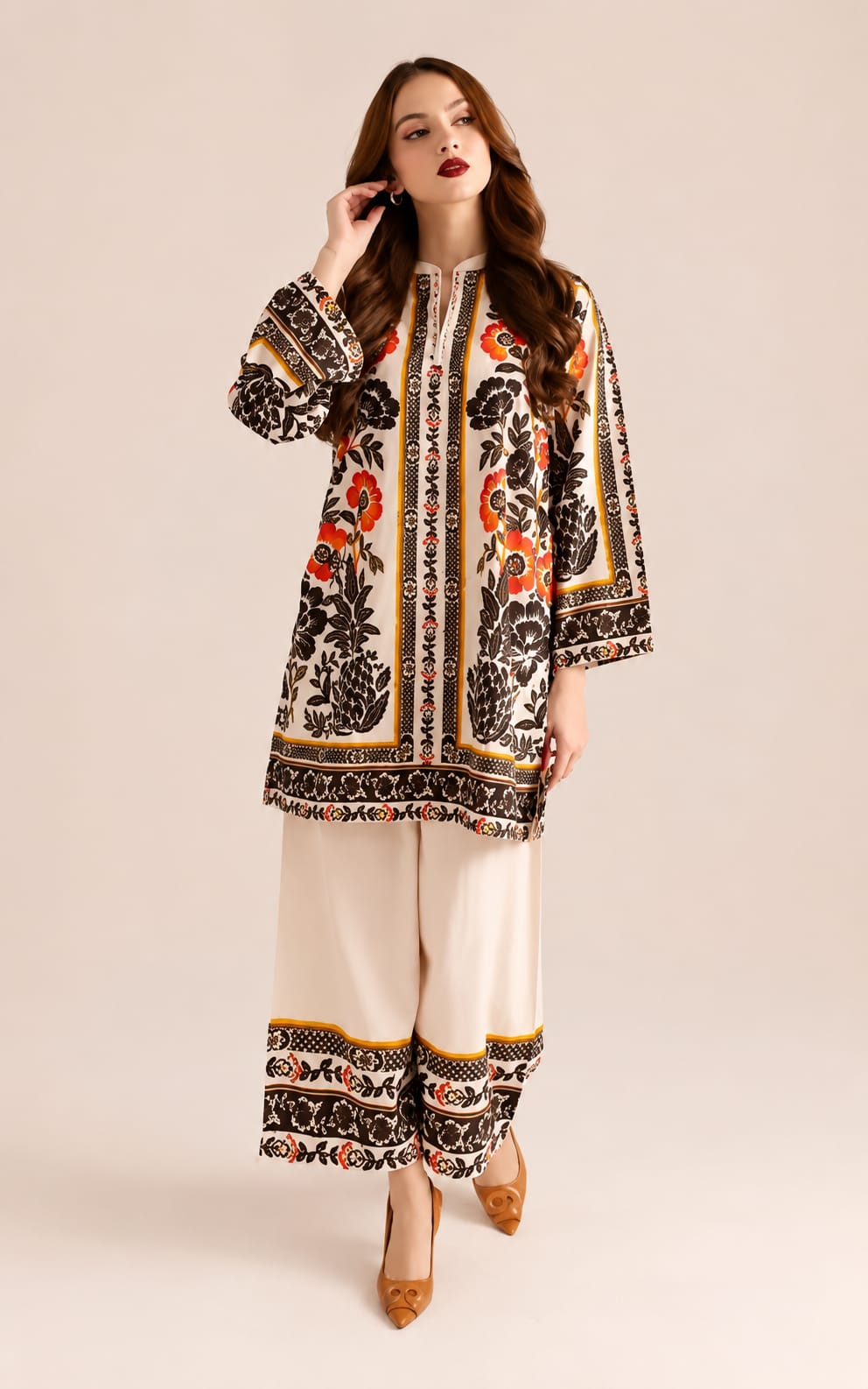 Womens Co-Ord Set in rayon fabric, Round Neck, Long Sleeves with Bottomwear