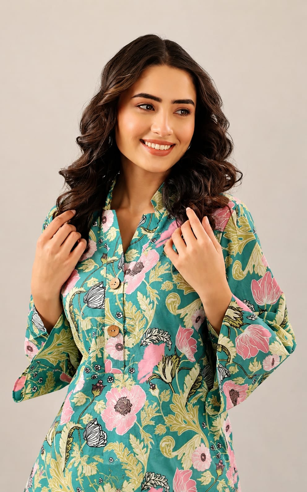 Trendy Co-Ord set in cotton blend fabric, Mandarin Neck, Three Quater Sleeves
