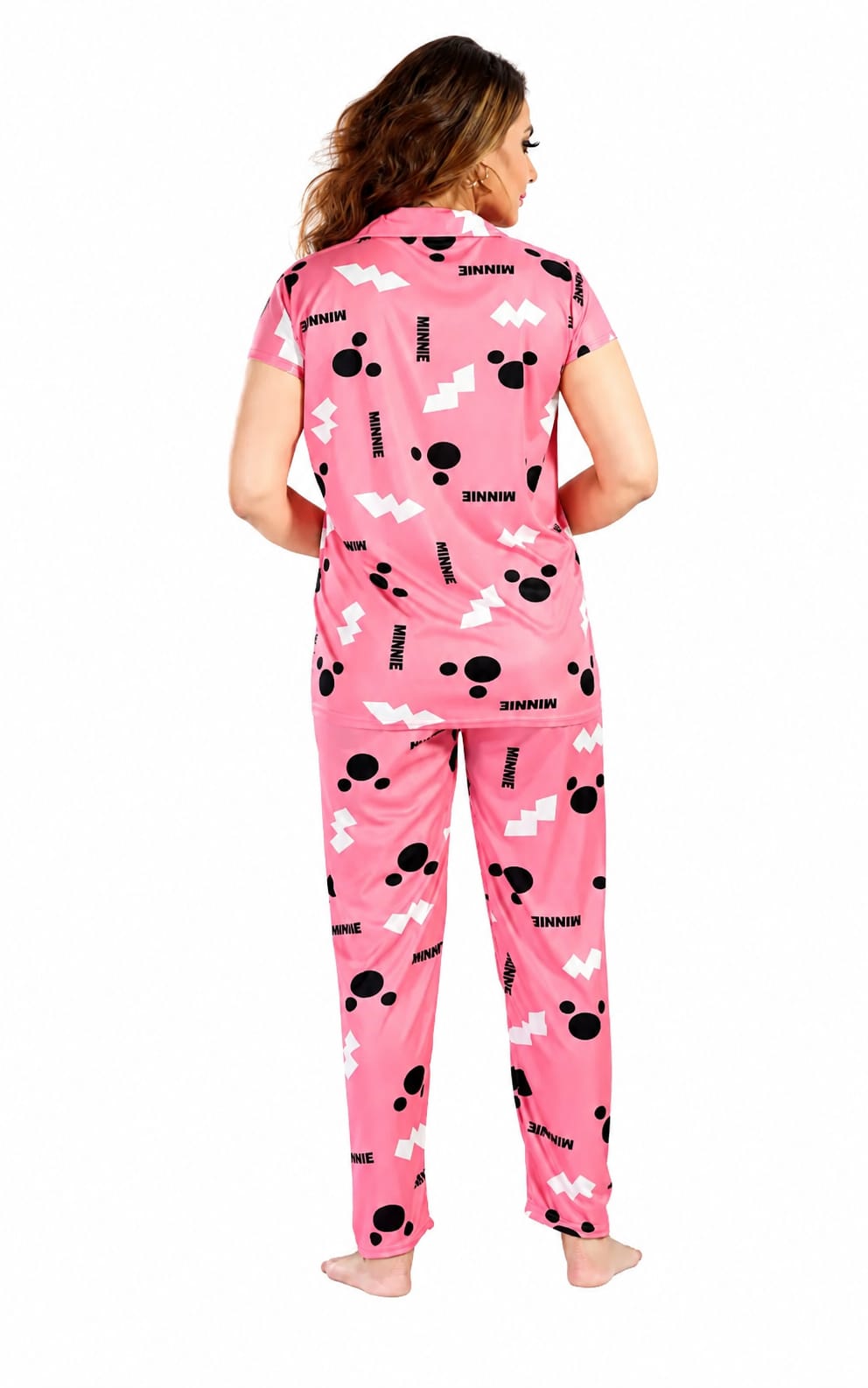 Womens Collar Nightsuit in Stain fabric, Waist Length, Lapel Neck, Short Sleeves