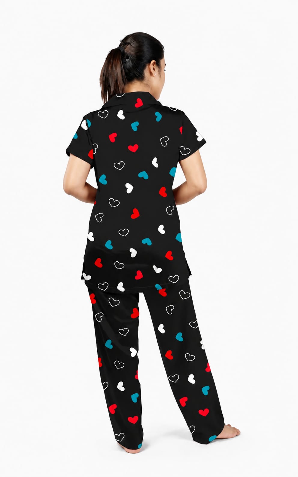 Collar womens Nightsuit in polycotton fabric, Waist length, Lapel Neck, Short Sleeves
