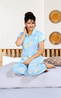 Womens Printed Nightsuit in polyester fabric, Lapel Neck, Short Sleeves
