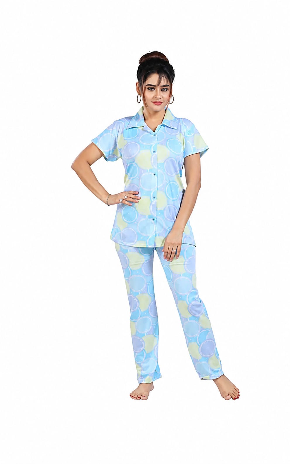 Womens Printed Nightsuit in polyester fabric, Lapel Neck, Short Sleeves