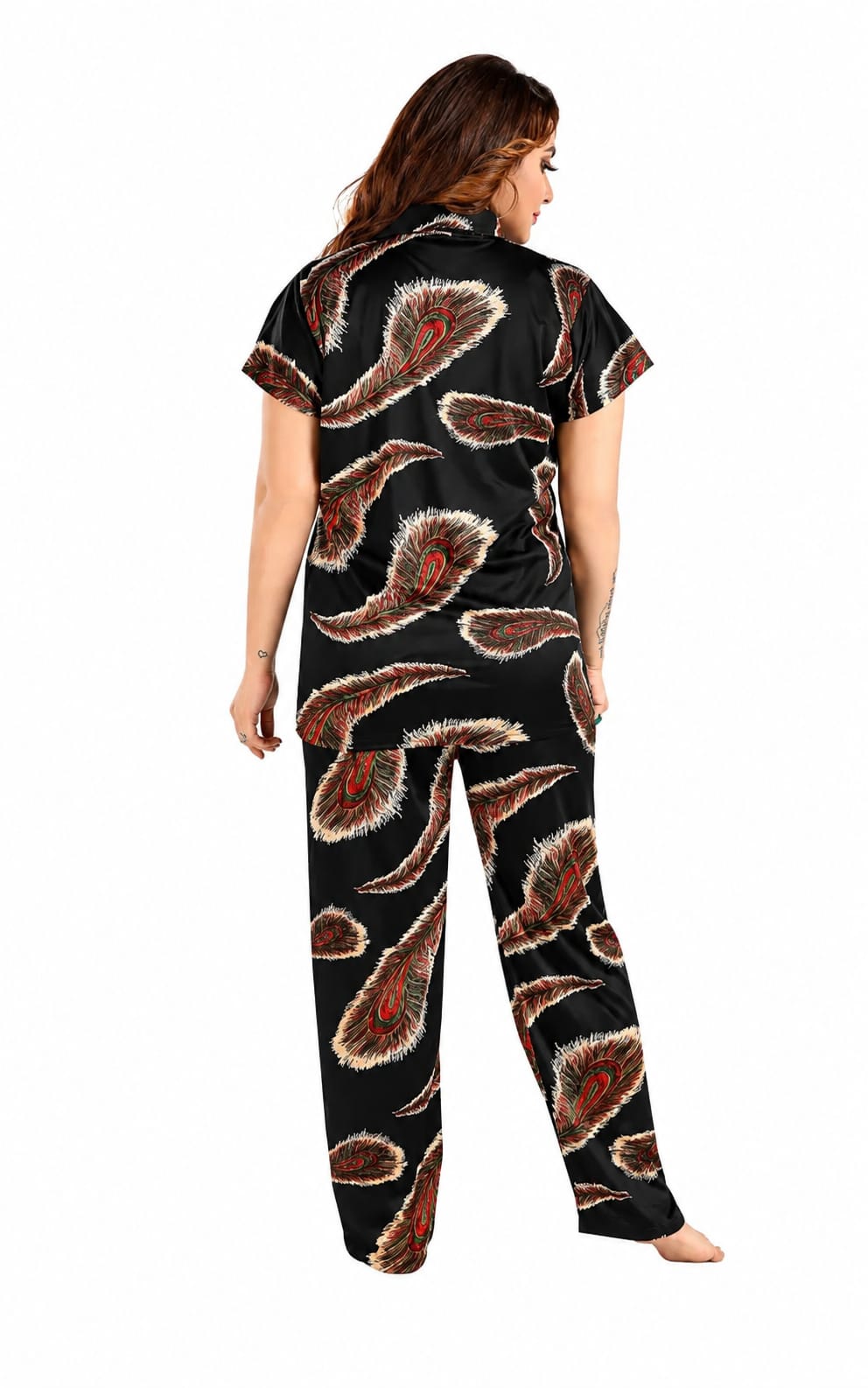 Womens Nightsuit in stain fabric, Below Waist, Lapel Neck, Short Sleeves