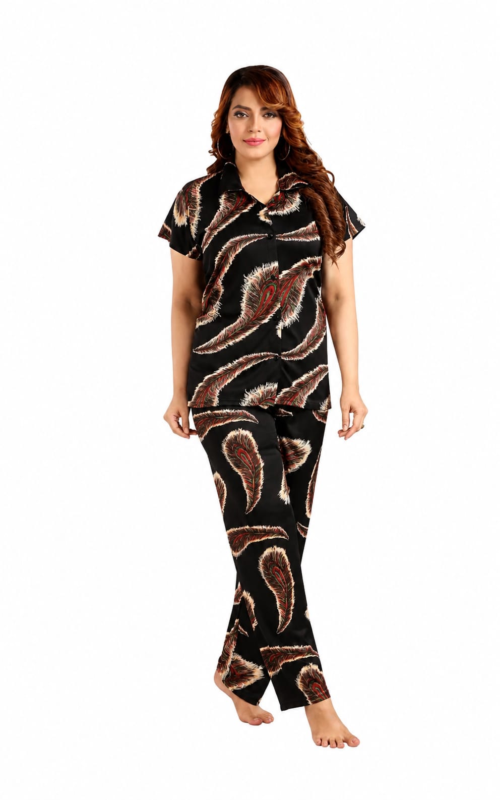 Womens Nightsuit in stain fabric, Below Waist, Lapel Neck, Short Sleeves