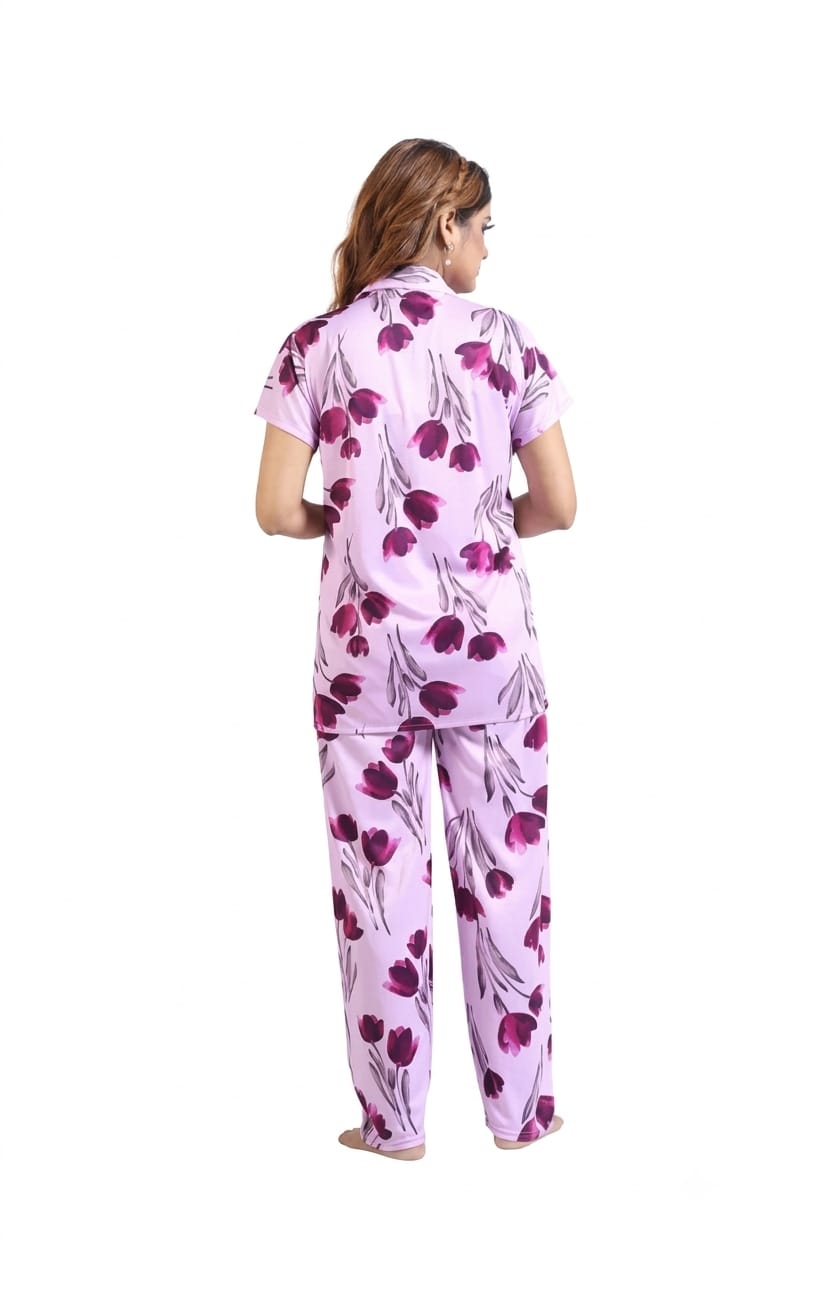 Beautiful Nightsuit in stain fabric, Below Waist, Lapel Neck, Short Sleeves