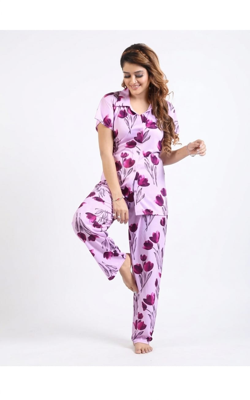 Beautiful Nightsuit in stain fabric, Below Waist, Lapel Neck, Short Sleeves