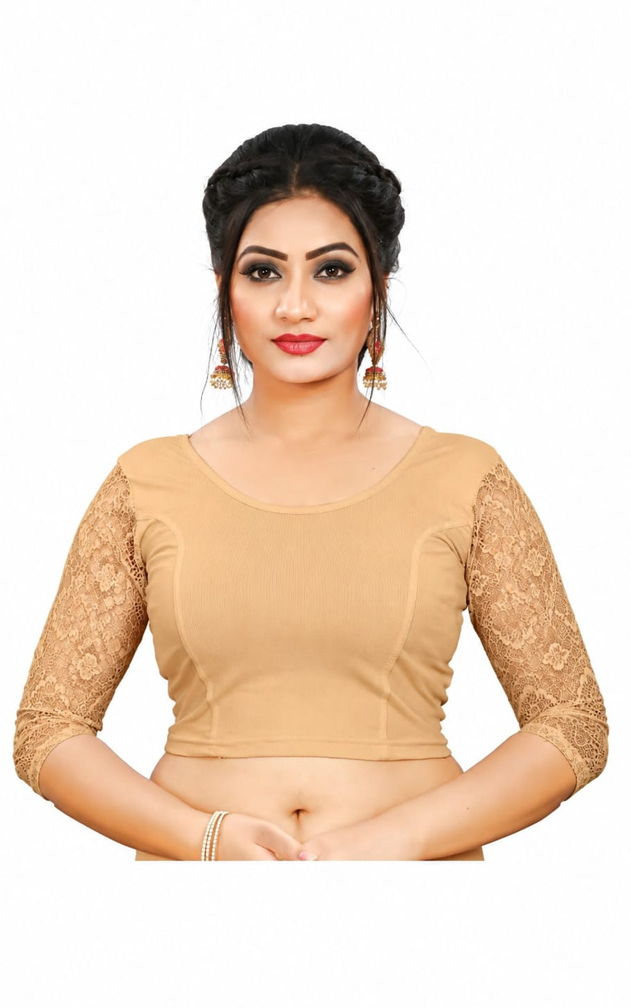 Womens Blouse in Round Neck, Non-Padded, Three Quater Sleeves, Slip-on closure