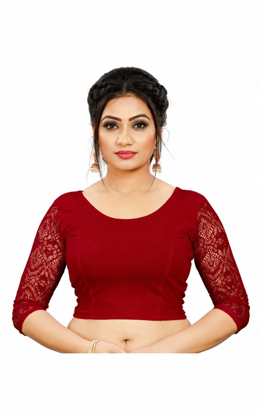 Womens Blouse in Round Neck, Non-Padded, Three Quater Sleeves, Slip-on closure