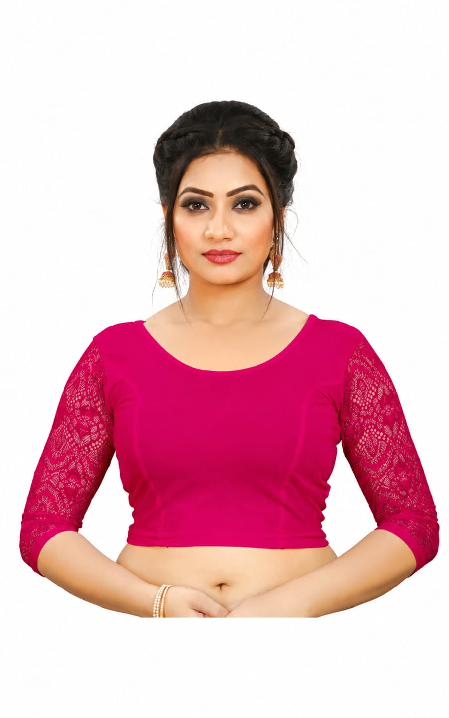 Womens Blouse in Round Neck, Non-Padded, Three Quater Sleeves, Slip-on closure