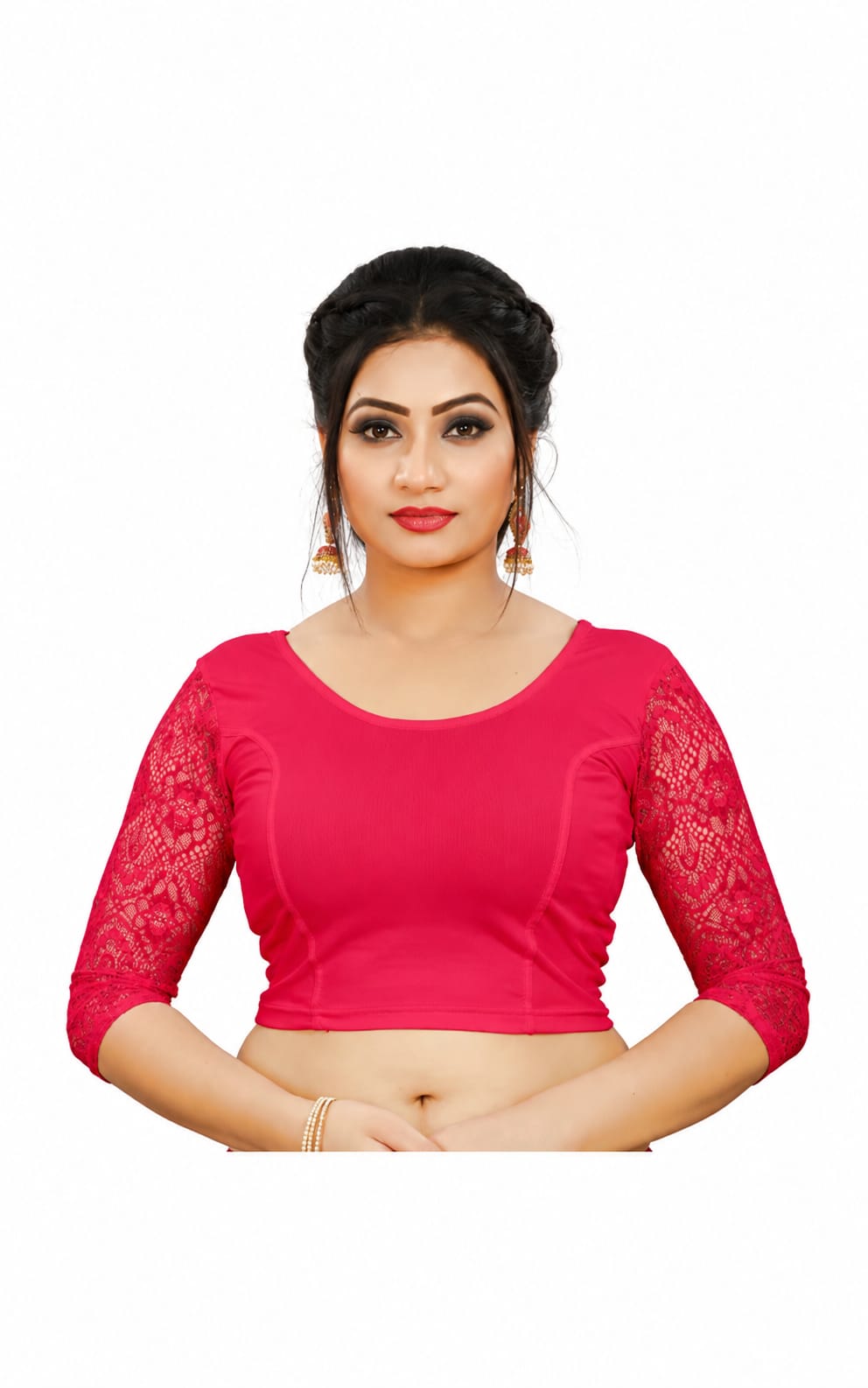 Womens Blouse in Round Neck, Non-Padded, Three Quater Sleeves, Slip-on closure