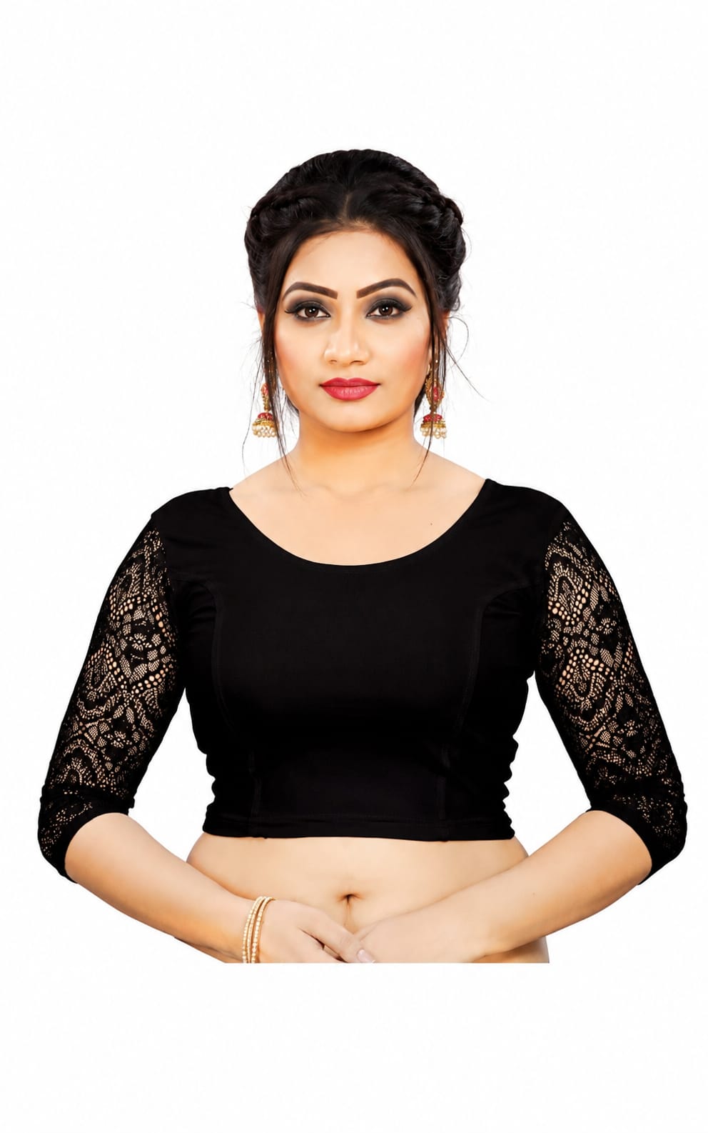 Womens Blouse in Round Neck, Non-Padded, Three Quater Sleeves, Slip-on closure