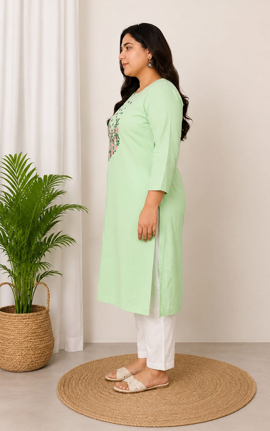 Womens Cotton Kurti, Knee Length, Round Neck, Three-Quater Sleeves