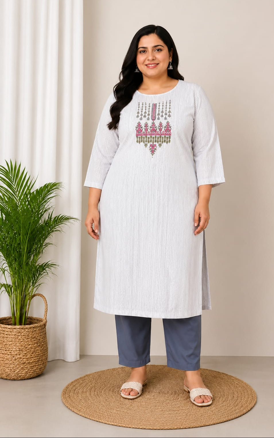 Womens Cotton Kurti, Knee Length, Round Neck, Three-Quater Sleeves