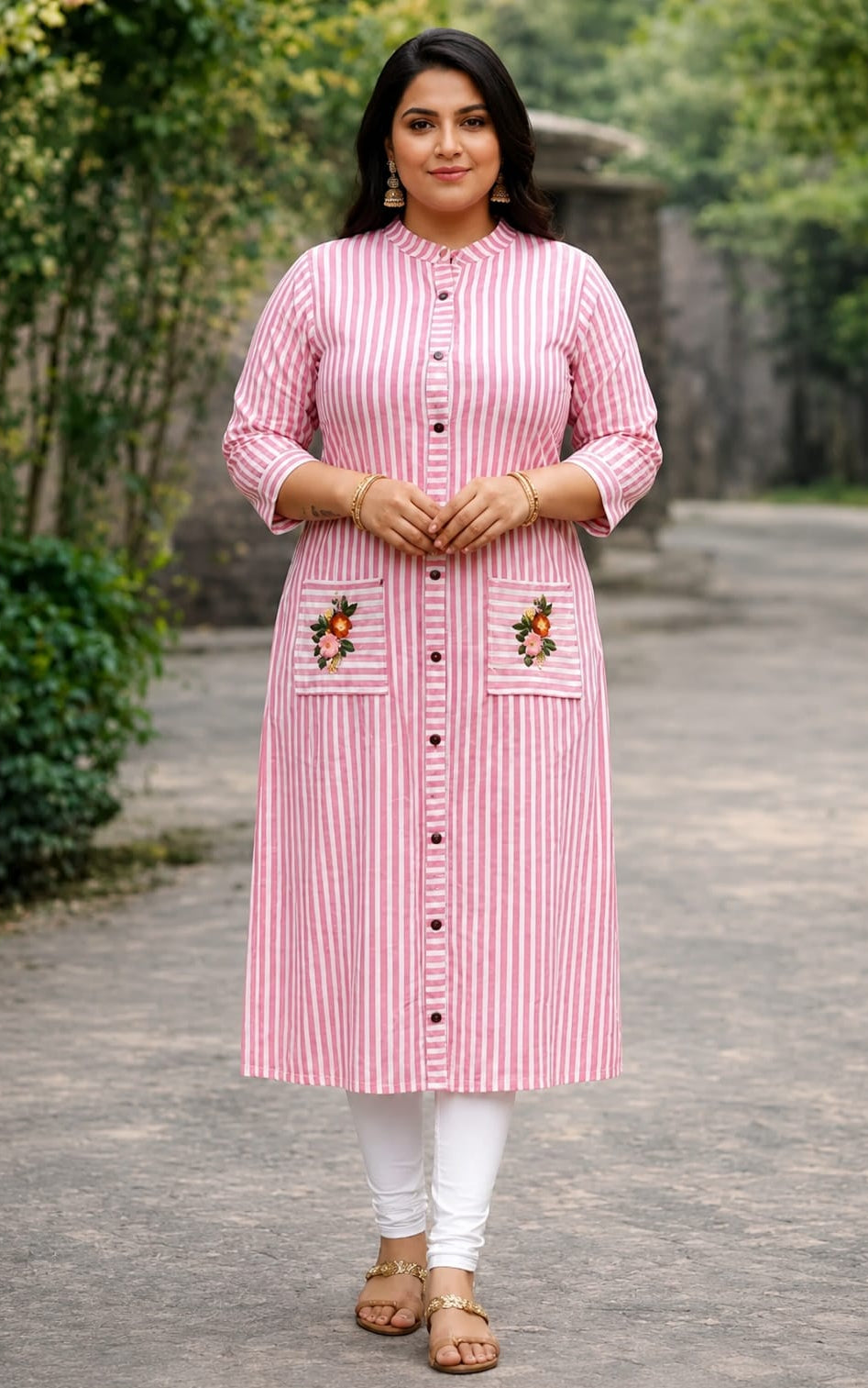 Womens Cotton Kurti, Knee Length, Round Neck, Three-Quater Sleeves