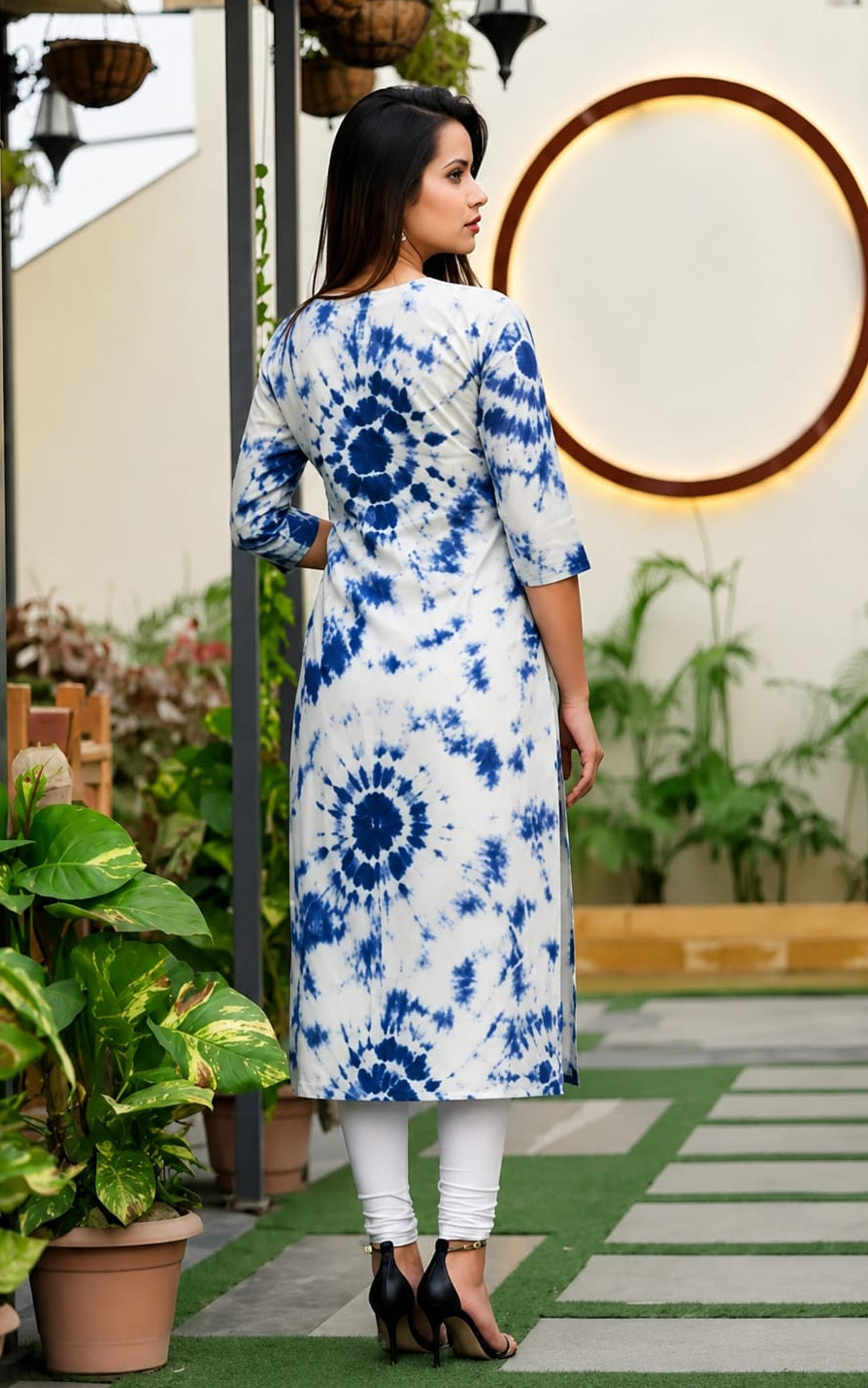 Womens Kurti in Mandarin Neck, Calf Length, Sleeves Length is Three Quater