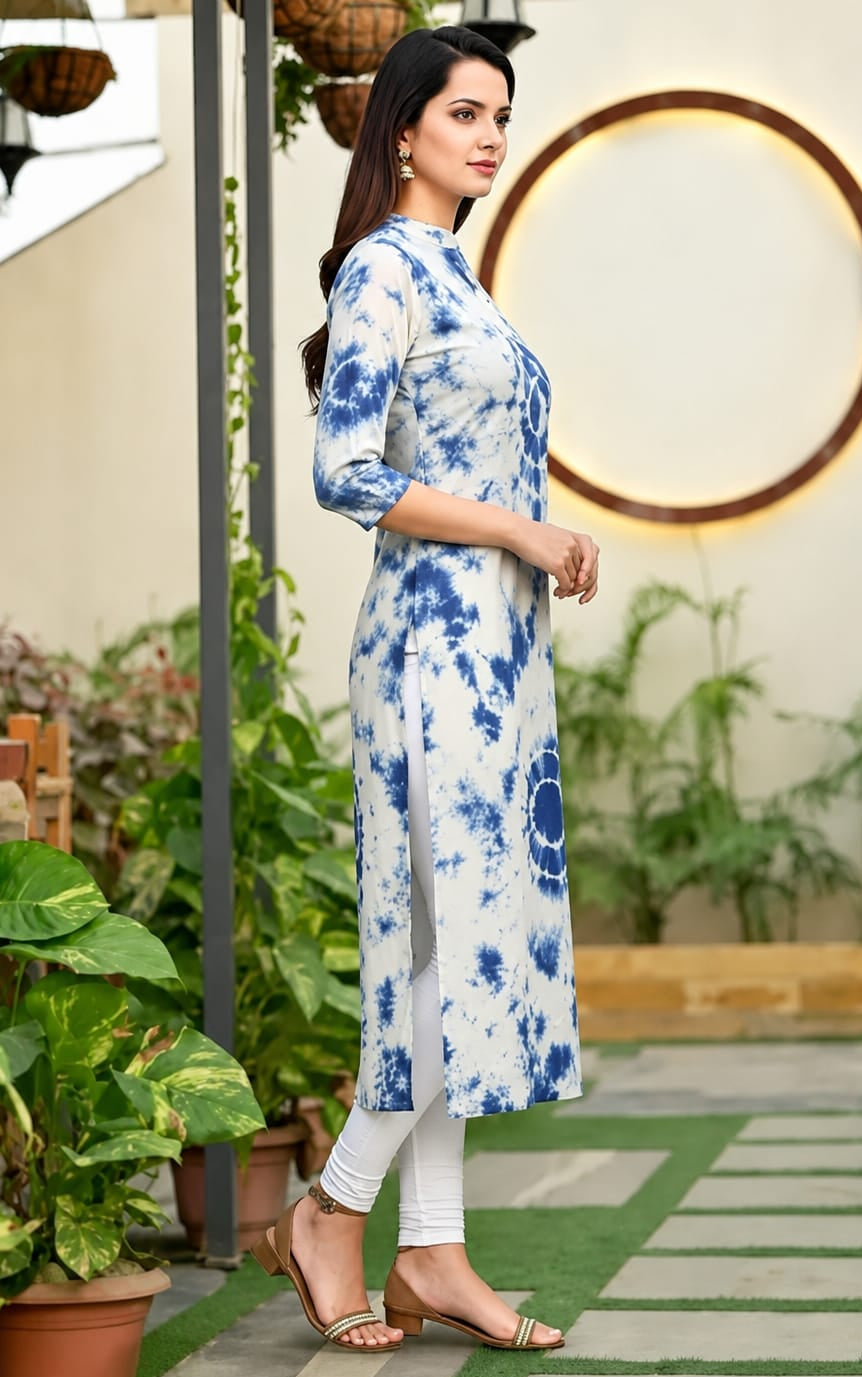 Womens Kurti in Mandarin Neck, Calf Length, Sleeves Length is Three Quater