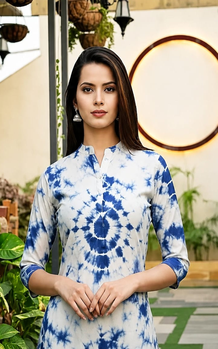 Womens Kurti in Mandarin Neck, Calf Length, Sleeves Length is Three Quater